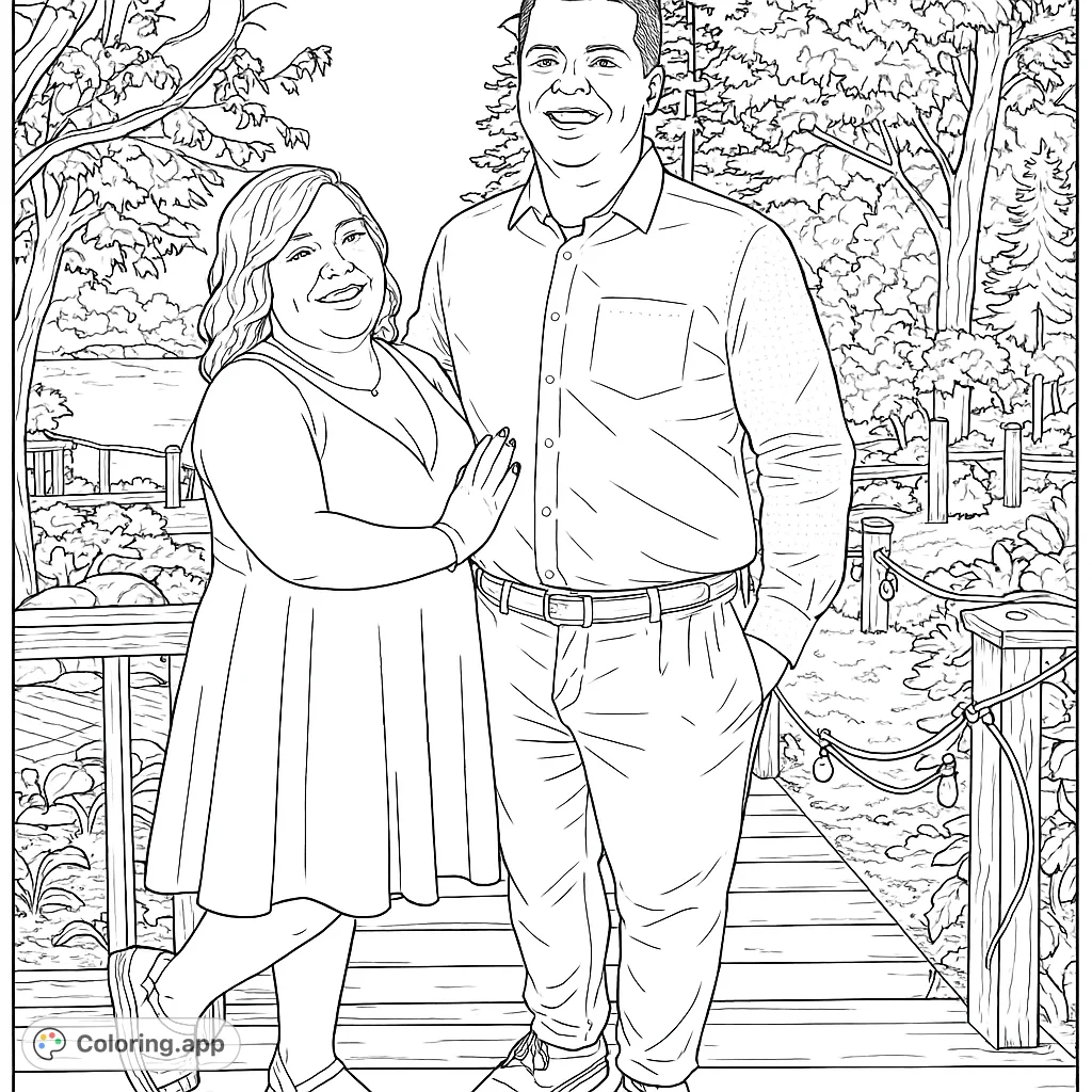 Capture the joy of a smiling couple standing on a rustic wooden deck amidst lush outdoor scenery. A delightful portrait for a relaxing coloring session.