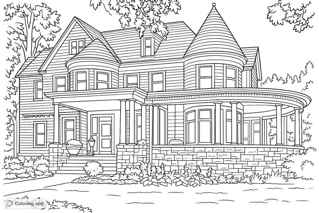 Explore a magnificent Victorian house with intricate turrets, a grand wrap-around porch, and detailed architecture, perfect for a relaxing coloring experience.