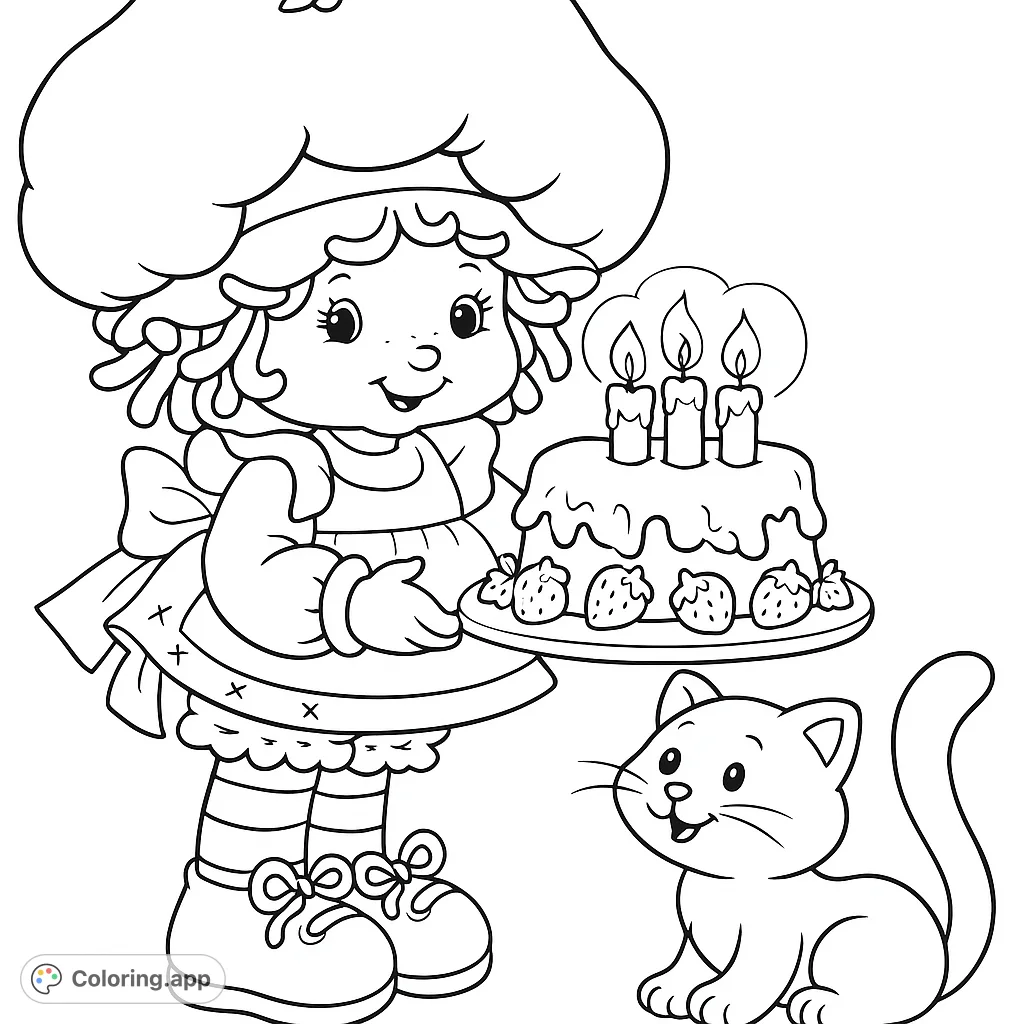A cheerful girl with a large hat holds a decorated cake with candles, while a spotted feline friend looks on. A delightful scene for coloring fun!