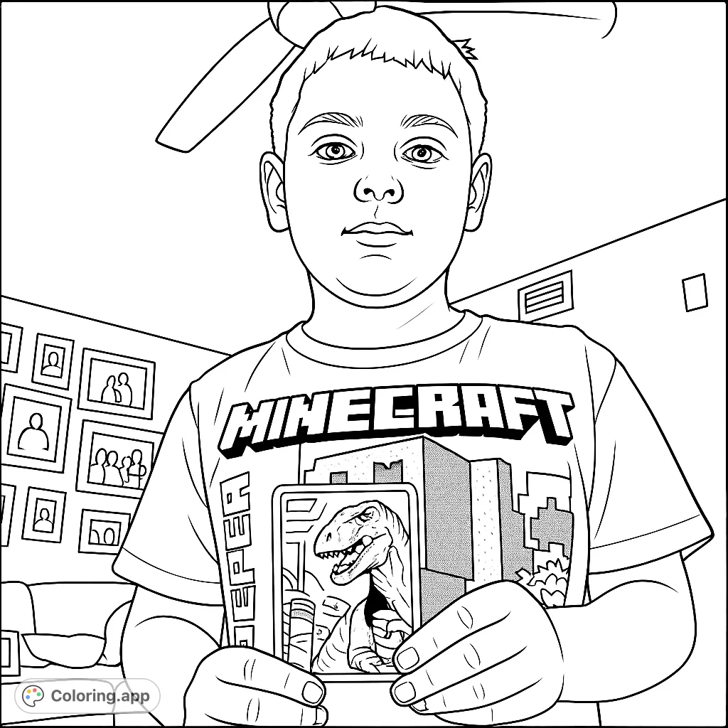A fun coloring page featuring a boy in a Minecraft shirt holding a dinosaur card, set against a backdrop of framed pictures. Perfect for young fans!