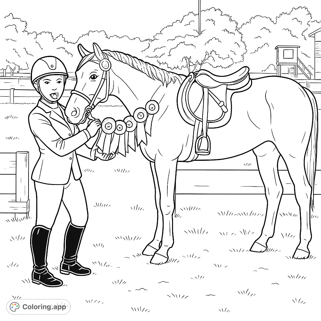 Celebrate equestrian success with this horse and rider coloring page. Features a champion horse, rider, and ribbons, perfect for horse lovers.