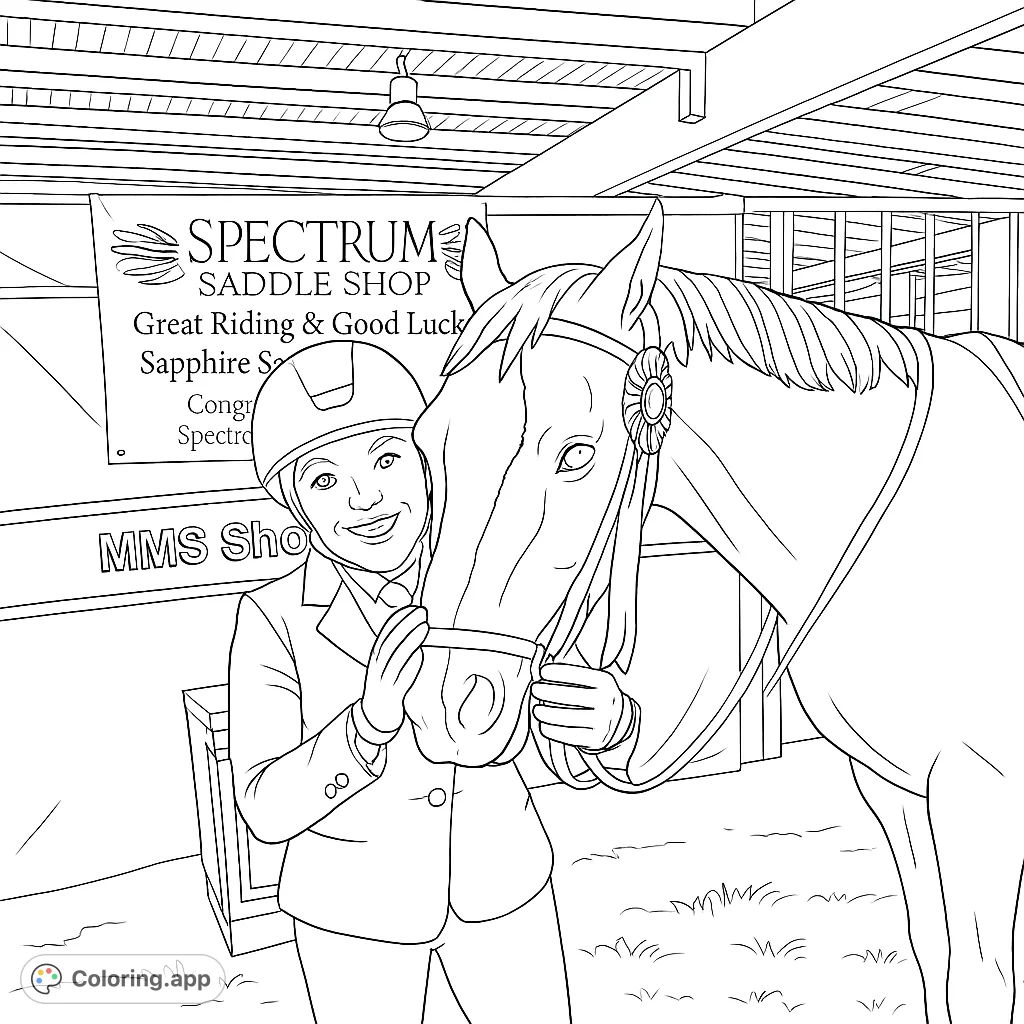 Capture the bond between a smiling equestrian rider and her champion horse, adorned with a ribbon, set against a stable backdrop.