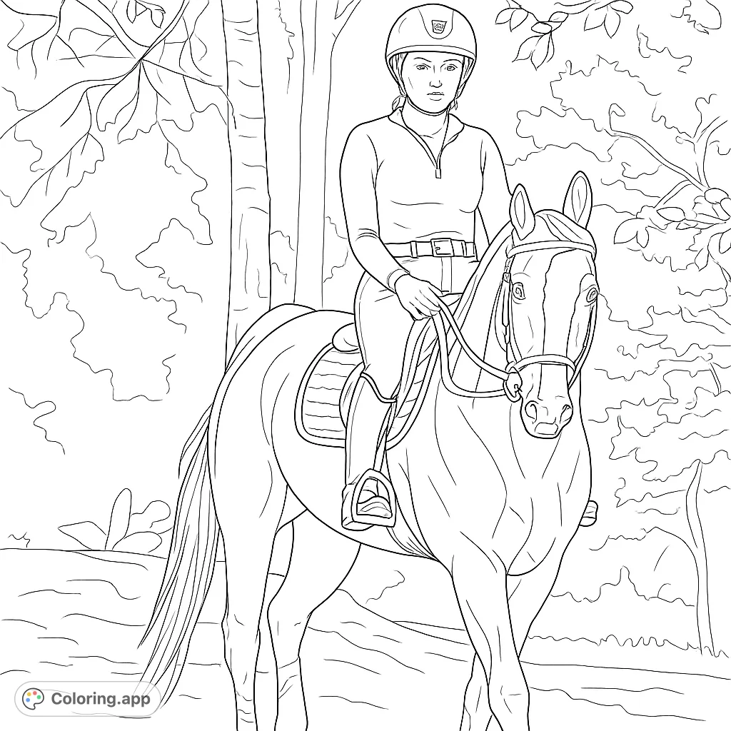 A detailed equestrian coloring page featuring a rider on a majestic horse, ready for adventure on a forest trail. Perfect for horse lovers and detailed coloring.