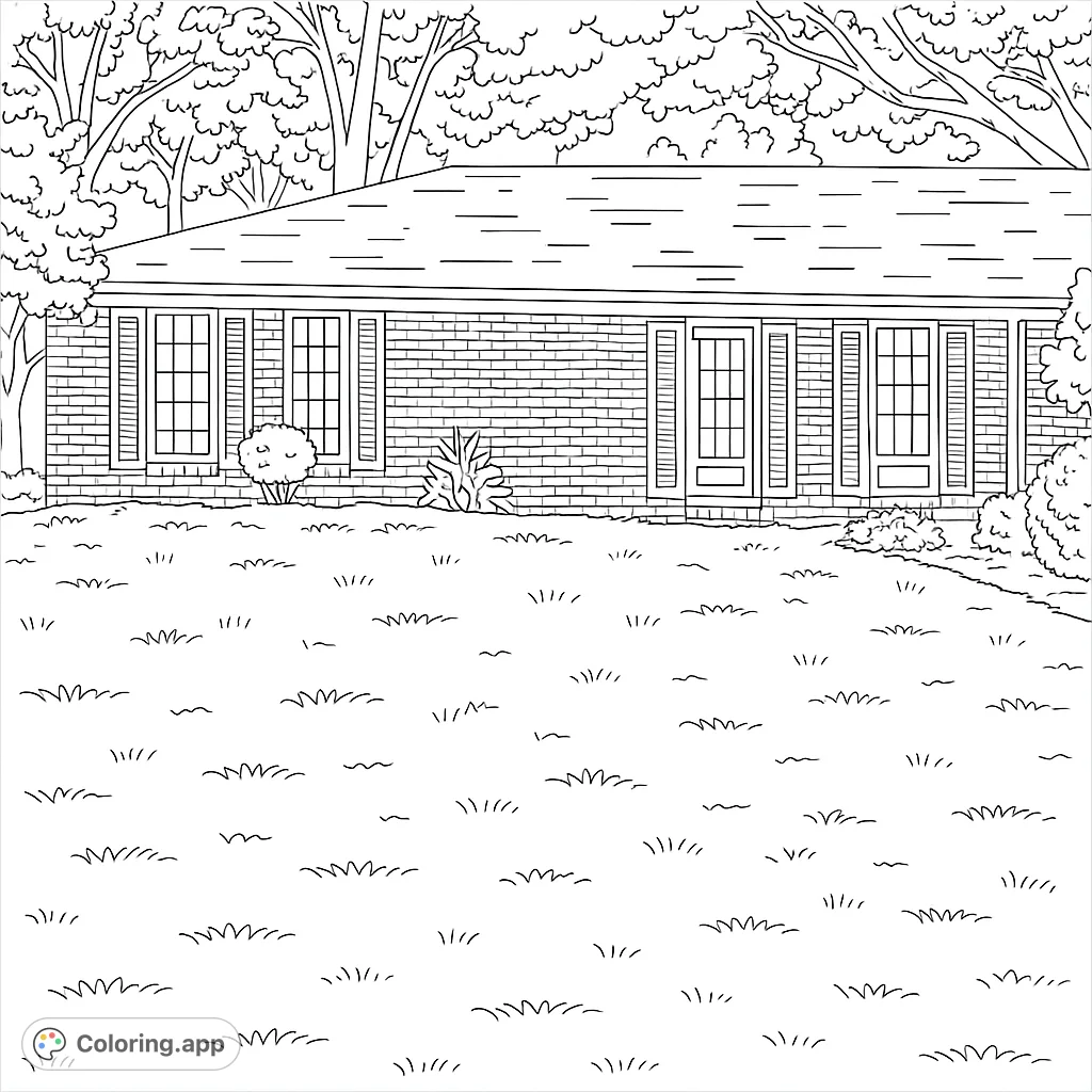 Color a charming suburban home with a brick facade, inviting windows, and a spacious lawn. Perfect for relaxing and creative expression.