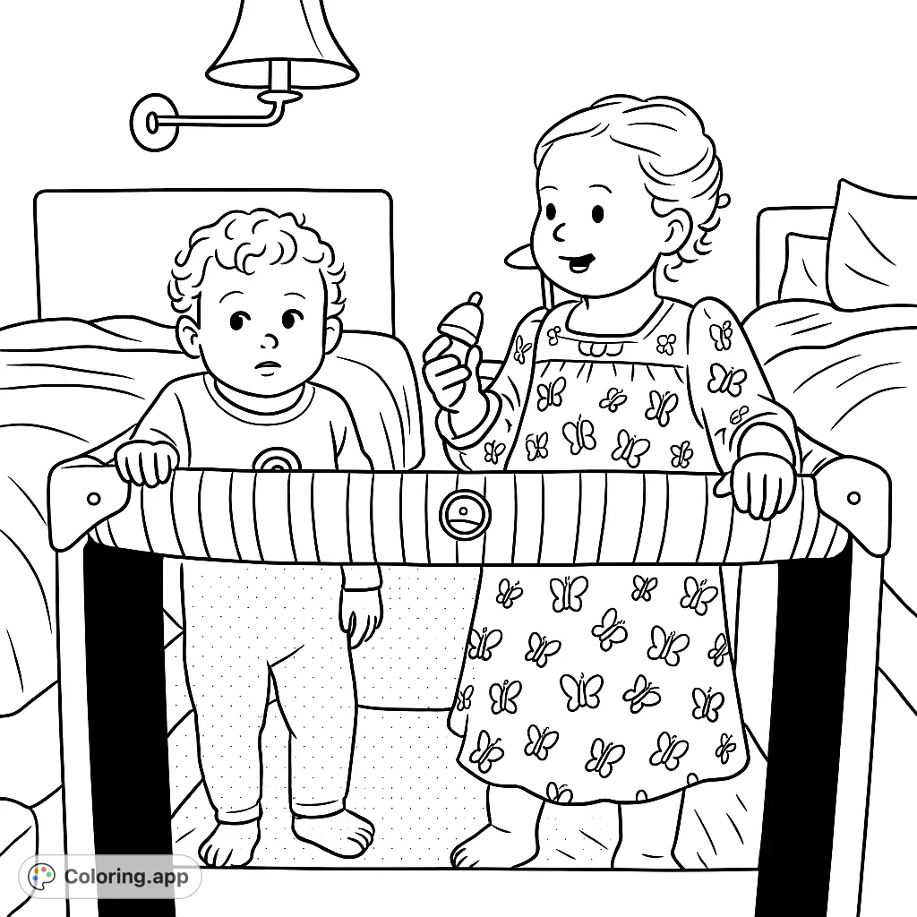 A delightful children in playpen coloring page featuring two playful siblings. Perfect for young artists to explore creativity and fine motor skills.