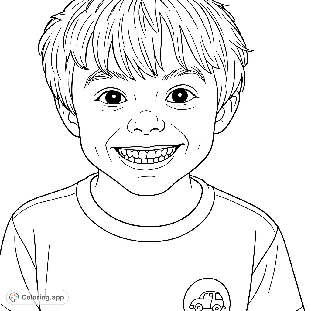 A cheerful young boy with a wide smile, ready for a creative coloring adventure. Perfect for kids to personalize and enjoy.