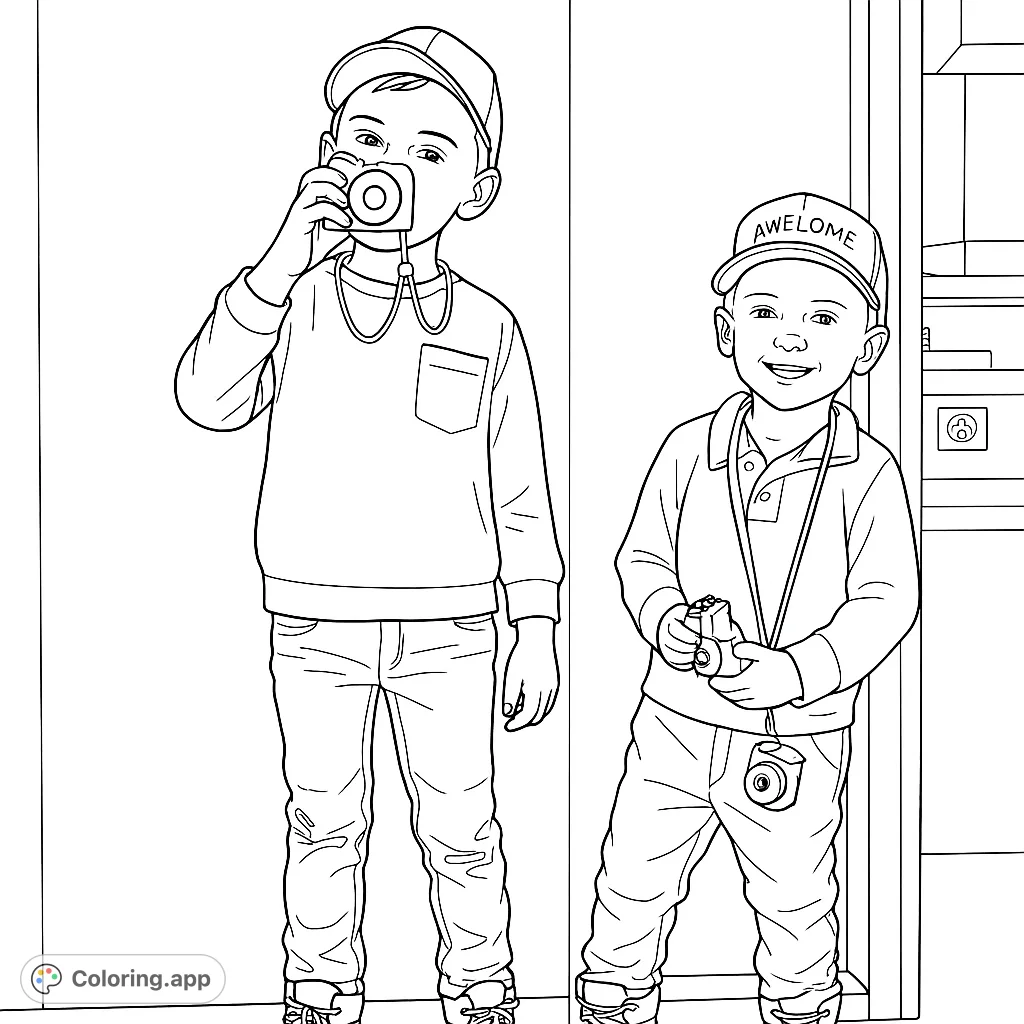 Capture the joy of childhood with this kids with cameras coloring page. Two boys ready for adventure, perfect for imaginative play and creative expression.