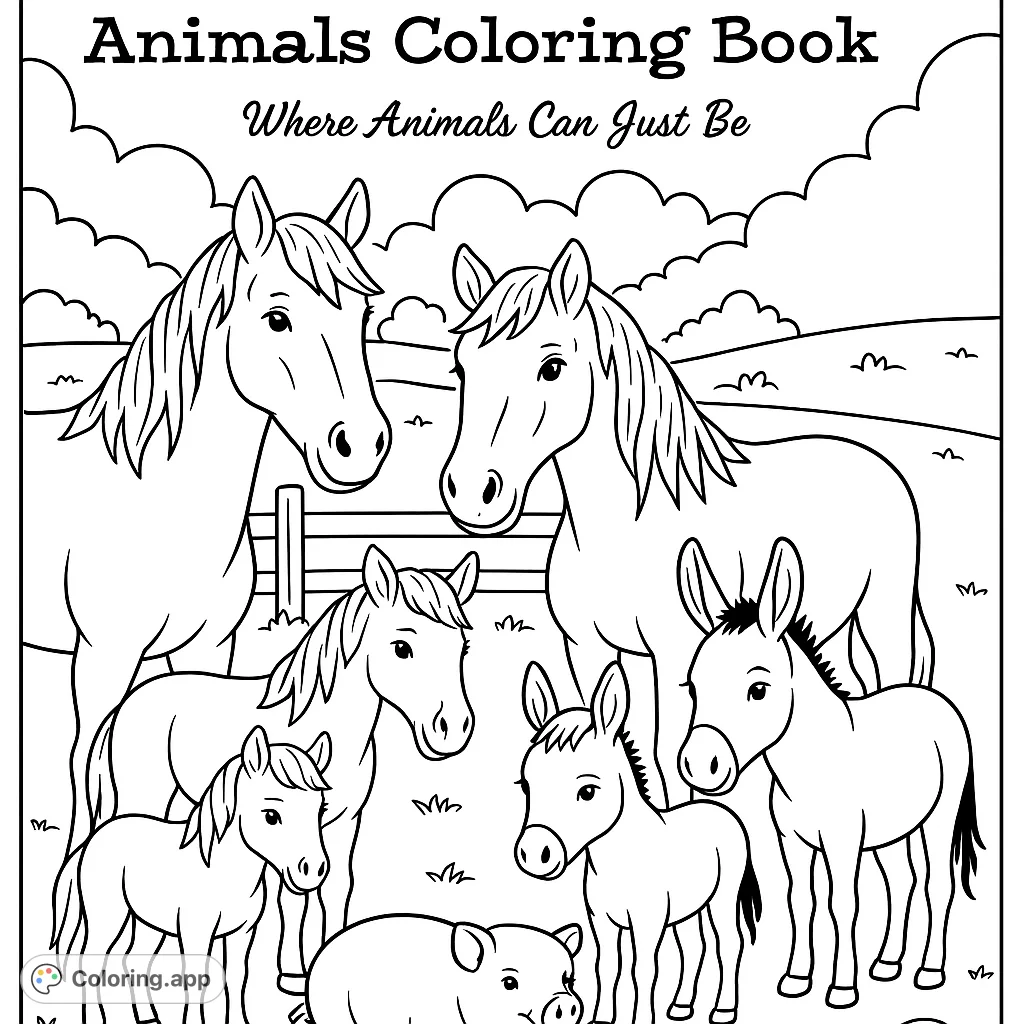 A charming farm animal sanctuary coloring page featuring horses, donkeys, and a pig in a peaceful field, perfect for animal lovers of all ages.