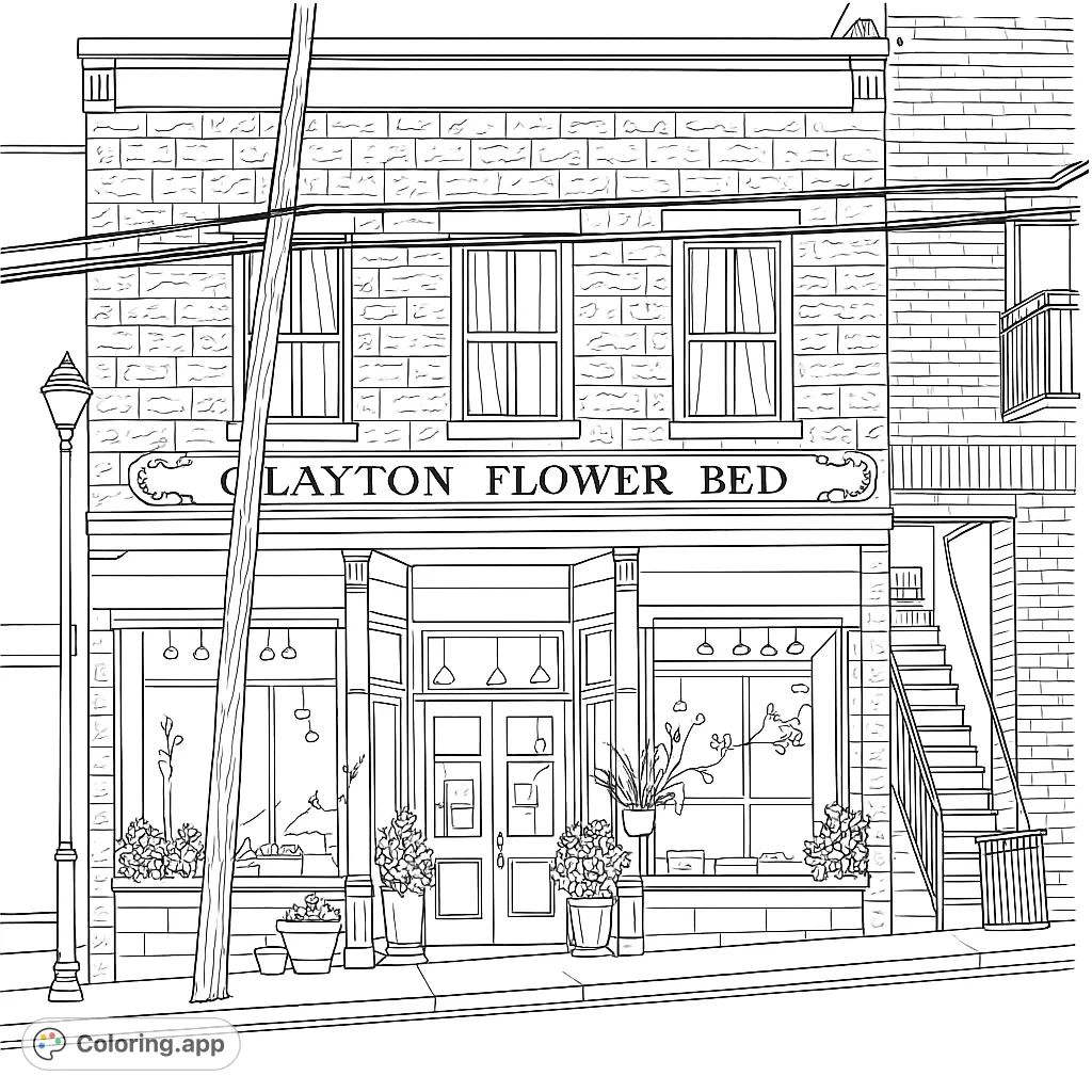 Explore a charming flower shop storefront with intricate architectural details, blooming planters, and a vintage sign. A delightful urban scene to color.