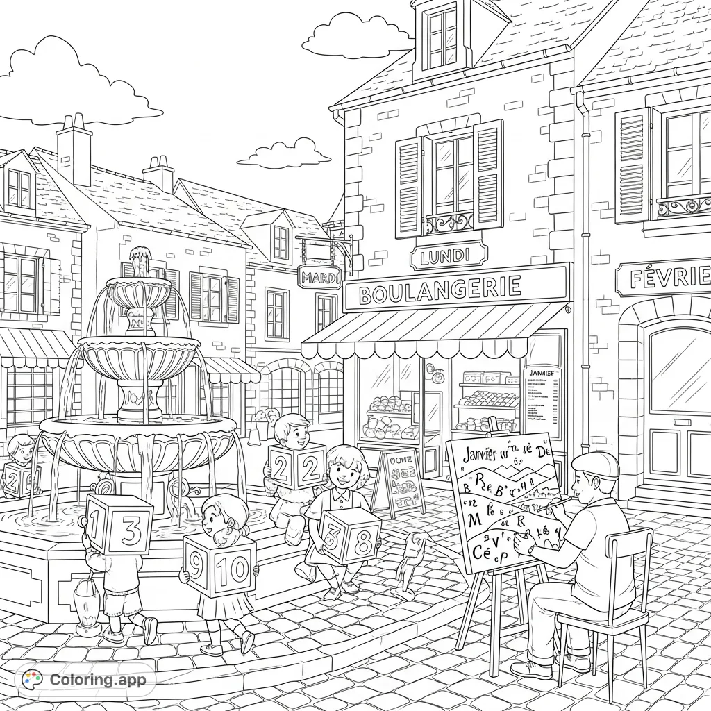 Explore a lively French village square with playing children, charming shops, and a street artist. Features numbers, French words, and intricate details.