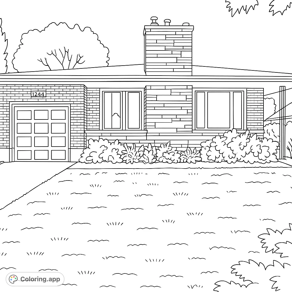 Color a detailed suburban house featuring brick and stone textures, a lush lawn, and inviting landscaping. Perfect for architectural enthusiasts.