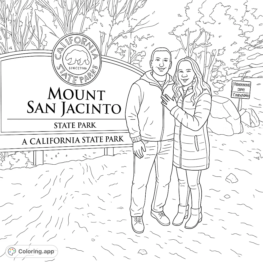 Capture a memorable winter moment at Mount San Jacinto State Park with this engaging coloring page, featuring a couple amidst snowy landscapes and park signage.