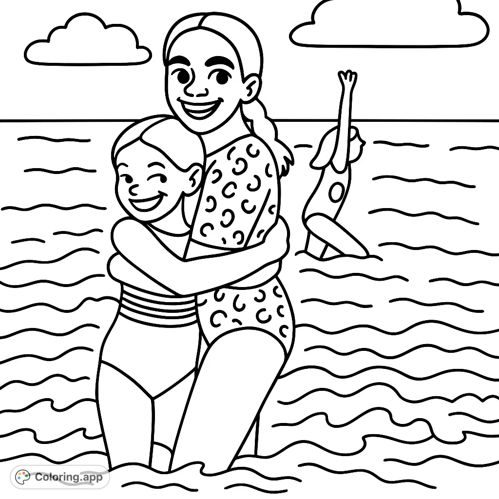 Capture the joy of friendship with this beach day scene. Two girls share a warm hug in the ocean waves, while another plays in the background.