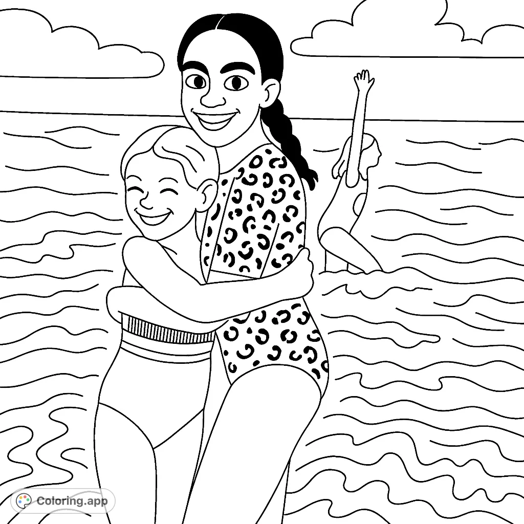 Two smiling girls embrace in the ocean waves, with another playing in the background. A joyful beach scene perfect for a fun coloring adventure.