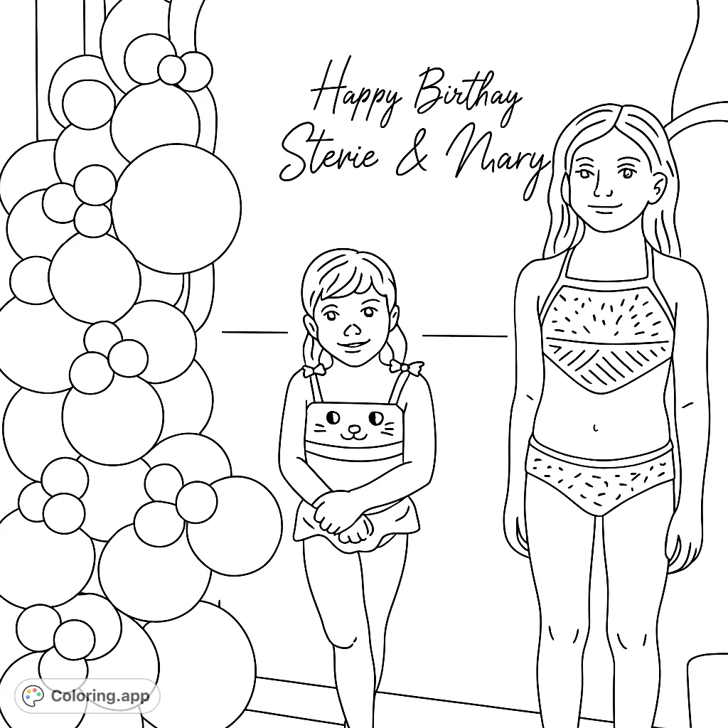 Two cheerful girls in swimsuits celebrate a birthday with a festive balloon arch and personalized backdrop. A fun, simple coloring page for kids.