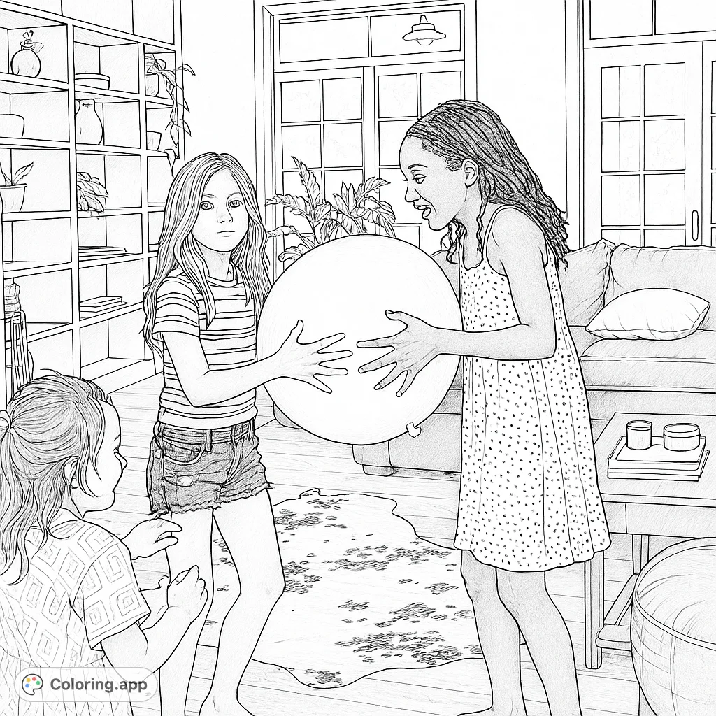 Capture the joy of childhood with three girls playing with a large balloon indoors. A delightful scene perfect for young colorists to express their creativity.