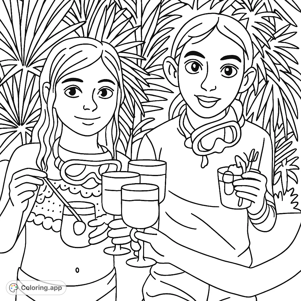 Capture the joy of a poolside gathering with friends, clinking glasses and enjoying fruit. A fun, free printable coloring page for kids to personalize.