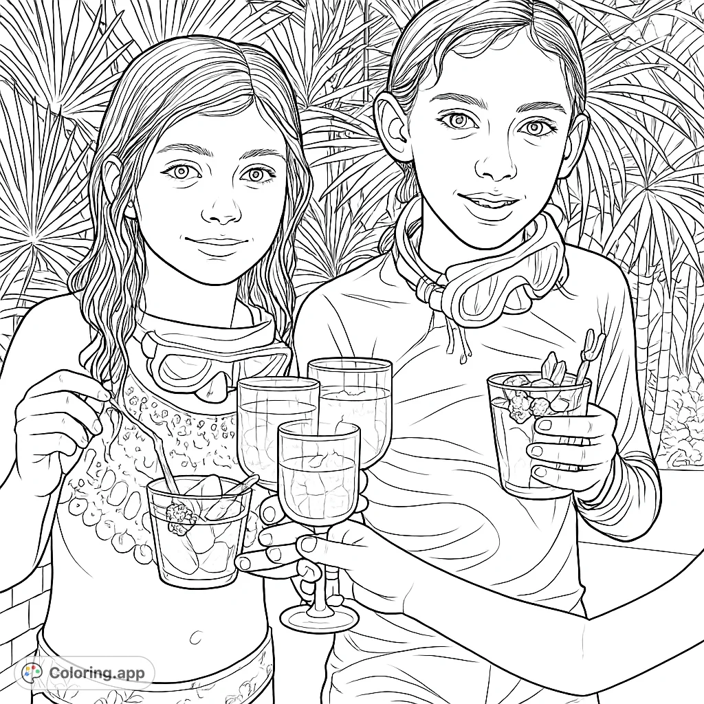 Two happy children enjoy a poolside celebration with refreshing drinks and fruit, surrounded by lush tropical plants. A perfect summer scene.