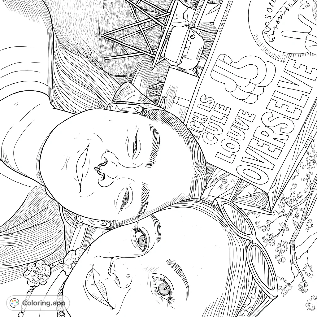Capture the joy of friendship at an outdoor gathering. This coloring page features two smiling individuals with unique accessories and a lively background.