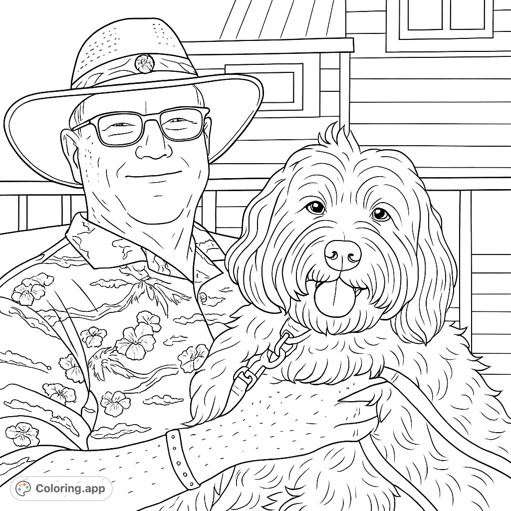 Capture the heartwarming bond between a man and his fluffy dog in this charming coloring page. Perfect for animal lovers and those who cherish companionship.