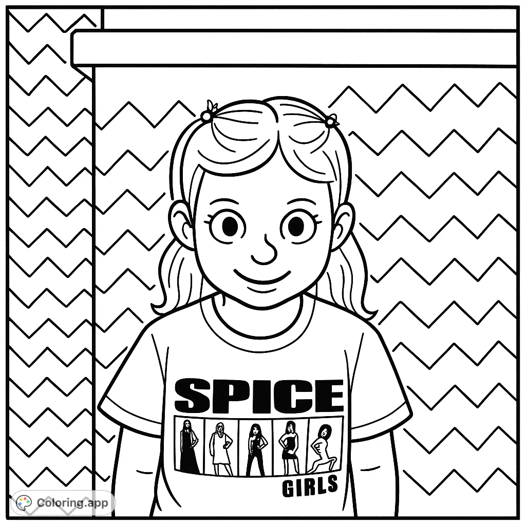 A delightful cartoony portrait of a child wearing a pop-themed shirt, perfect for young fans. Features bold outlines and a fun zigzag background.