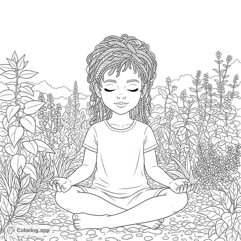 A serene little girl with textured hair meditates peacefully amidst a lush garden filled with various herbs and plants, inviting a calming coloring experience.