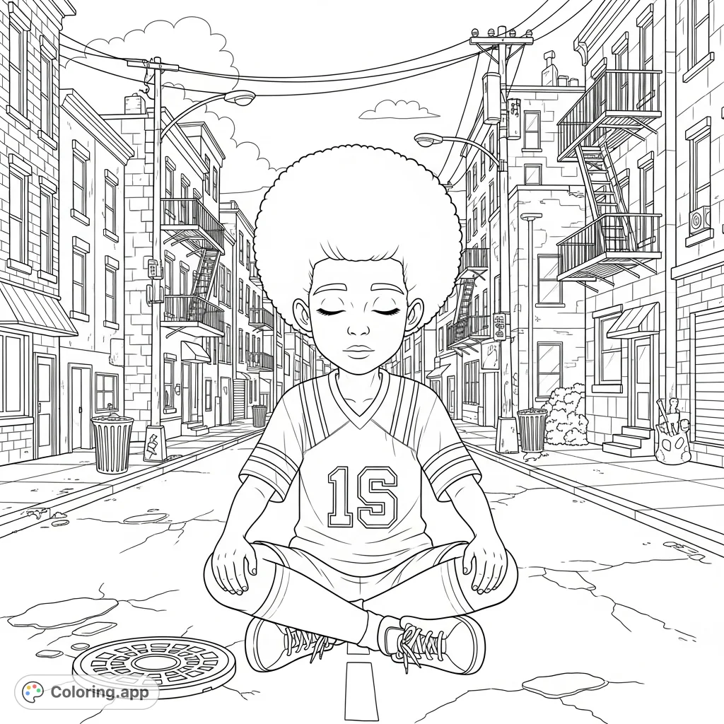 Discover peace in the city with this urban meditation coloring page. A young boy with an Afro meditates on a street amidst detailed city buildings and street elements.