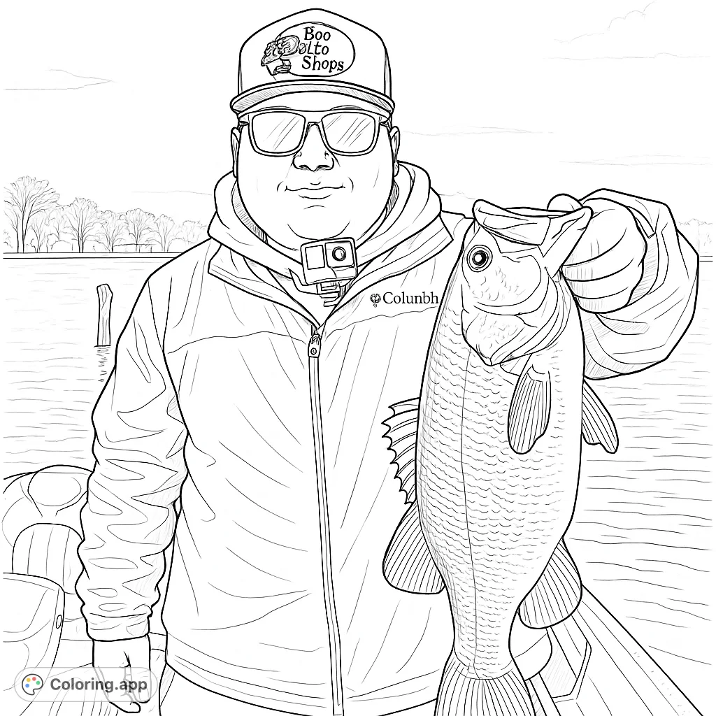 Capture the thrill of a successful fishing trip! This detailed coloring page features an angler proudly holding a large fish on a serene lake.