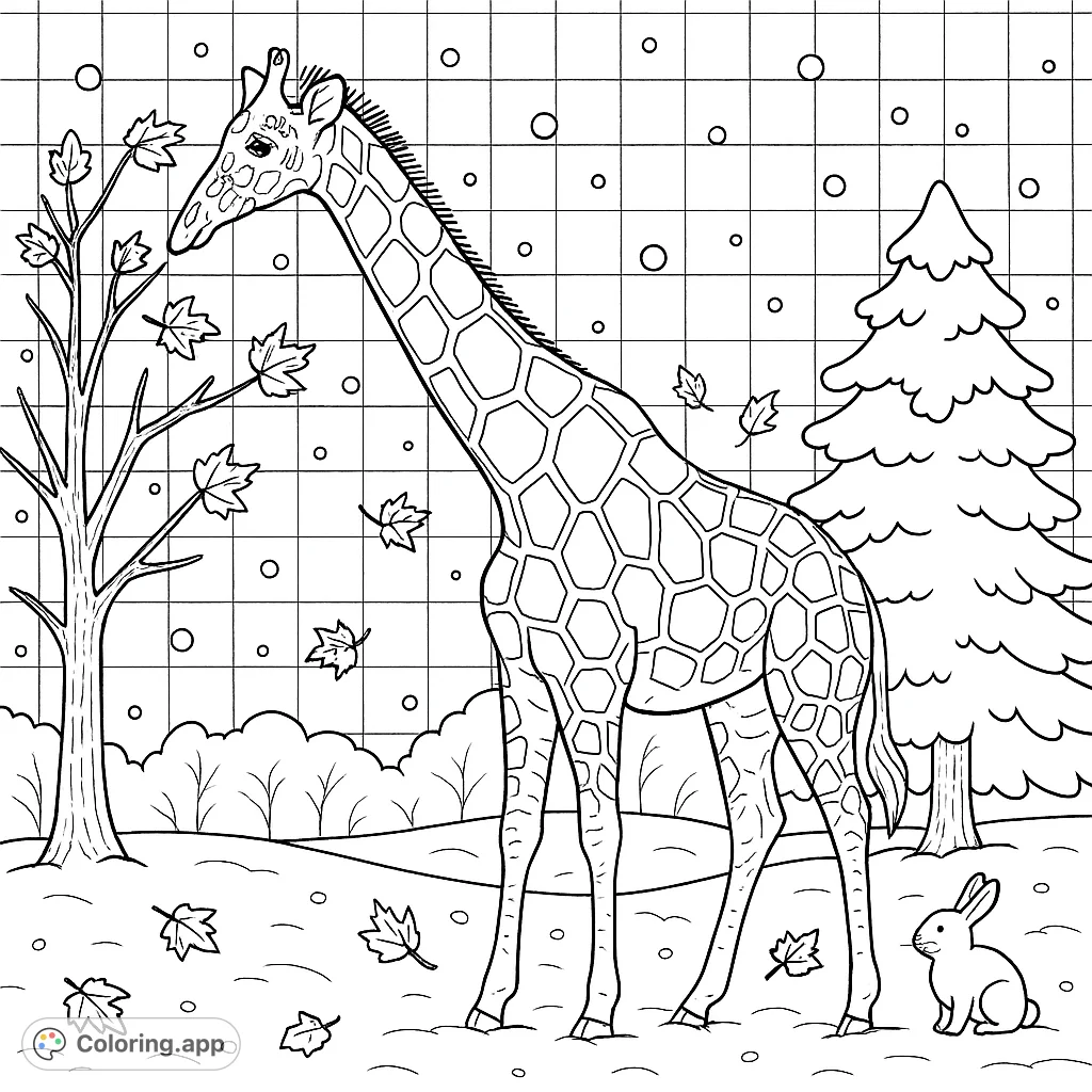 A majestic giraffe stands tall amidst lush foliage and a grassy field, featuring intricate patterns for a realistic coloring experience. Perfect for nature lovers.