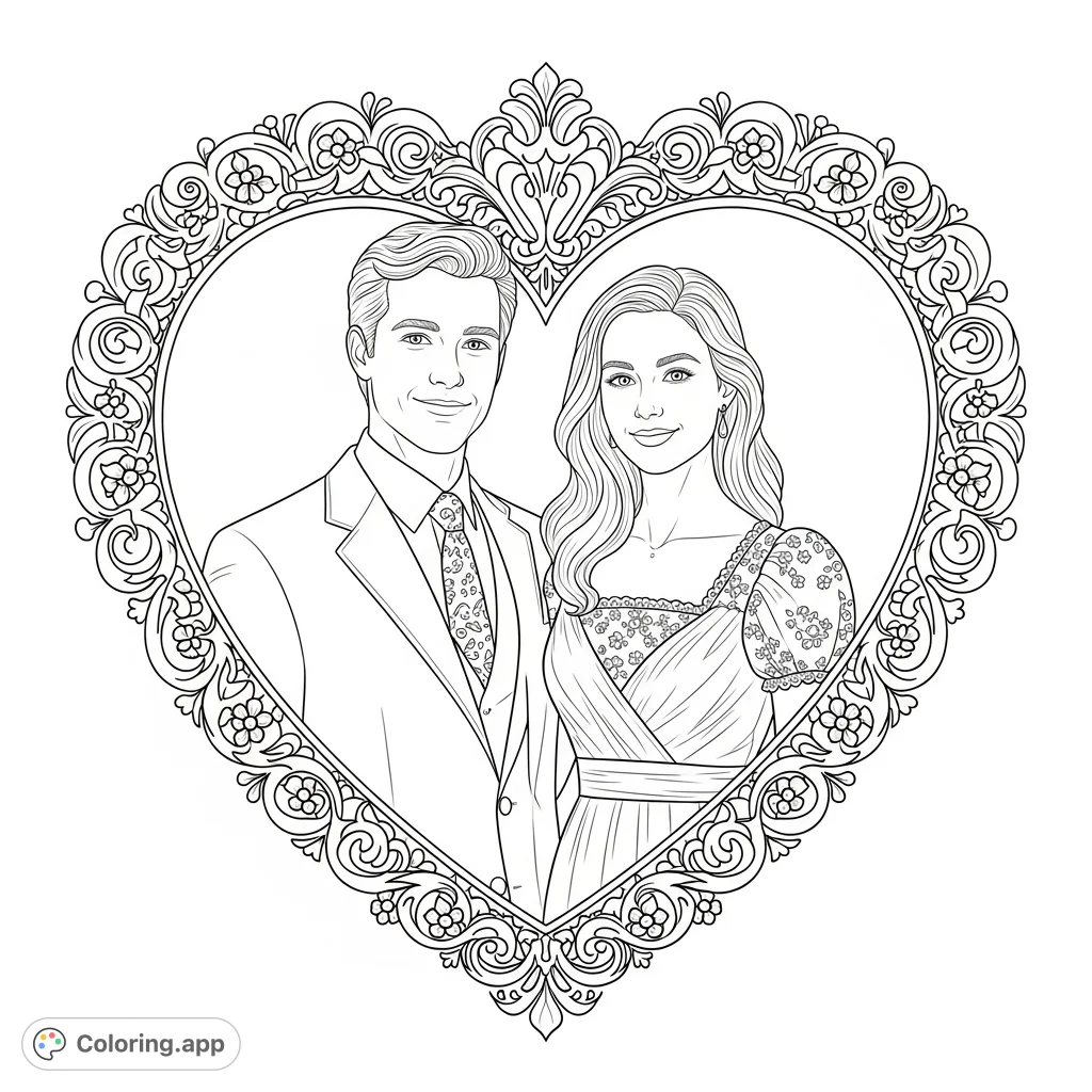 A charming vintage-style portrait of Clayton and Shannon Comer, elegantly framed within an ornate heart, perfect for a romantic and detailed coloring page.