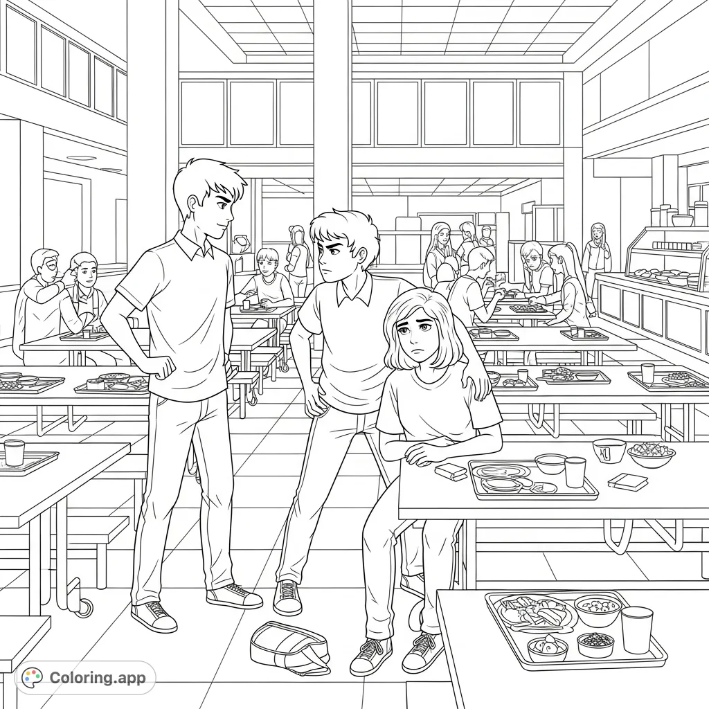 A powerful school cafeteria coloring page depicting a teen boy standing up for his friend against a bully, surrounded by detailed cafeteria elements.