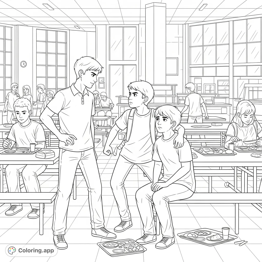 A powerful school cafeteria coloring page depicting a teen boy standing up for his friend against a bully, surrounded by detailed cafeteria elements.