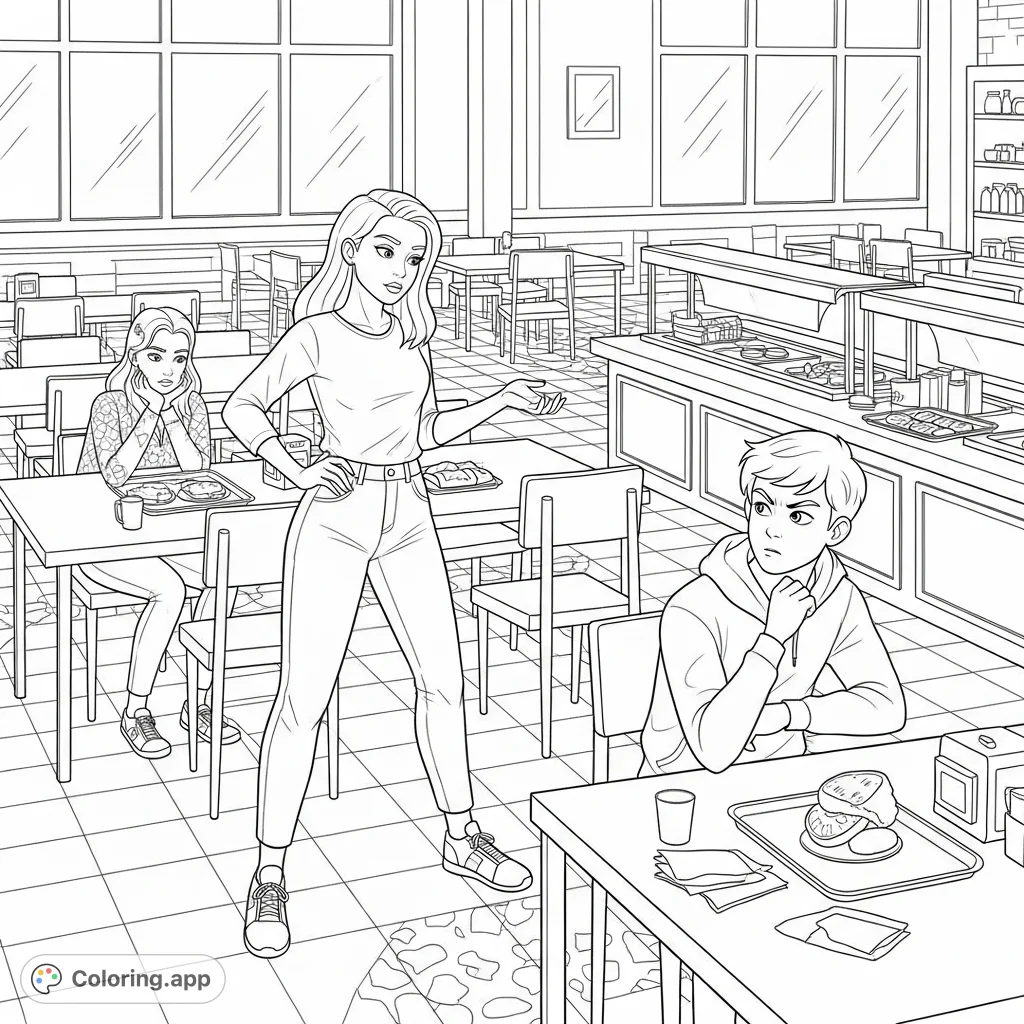 A powerful scene depicting a teen girl bravely confronting a boy in a bustling school cafeteria, defending her friend. A story of courage and friendship.