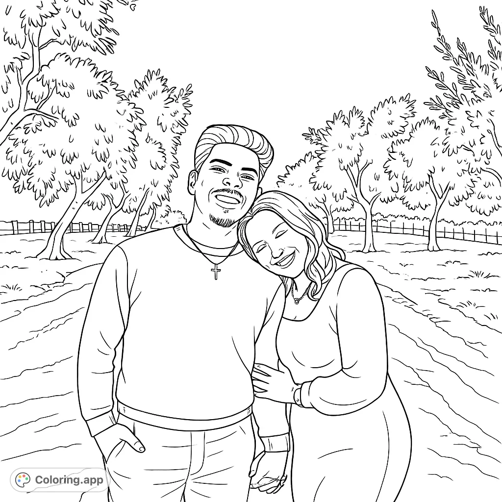 Capture a tender moment with this couple in a scenic vineyard. Perfect for celebrating love and connection, offering a delightful coloring experience for all ages.