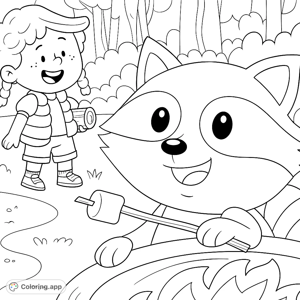 Join a cheerful girl and a friendly raccoon roasting marshmallows by a campfire in a whimsical forest scene. Perfect for a fun outdoor adventure.
