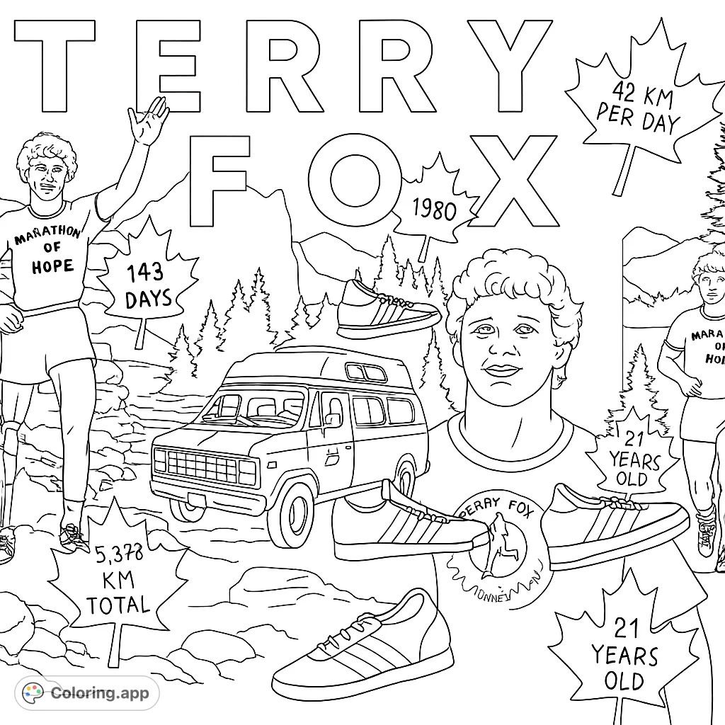 Honor Terry Fox's incredible journey with this detailed coloring page, featuring his run, support van, and symbolic elements.