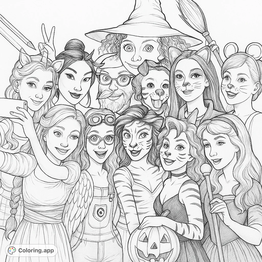 A vibrant gathering of friends in diverse, highly detailed costumes, perfect for a fun and challenging coloring adventure for experienced colorists.