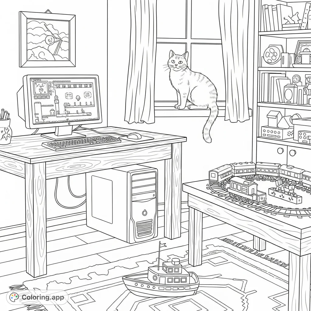 Explore a charming room scene featuring a curious cat, a computer displaying a game, a model train, and a toy boat. A delightful mix of elements for creative coloring.