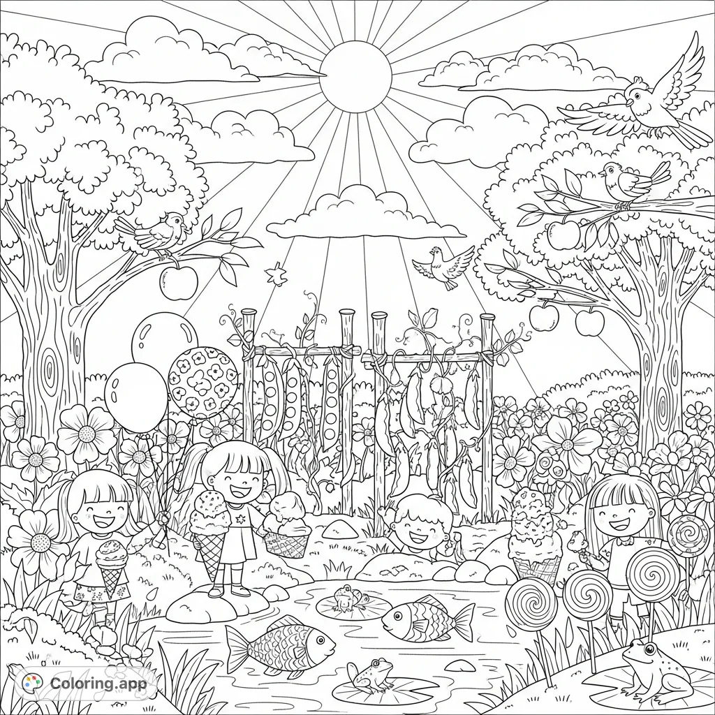Explore a vibrant garden scene featuring happy children with balloons, ice cream, and lollipops, amidst diverse plants, fruits, fish, frogs, and birds.