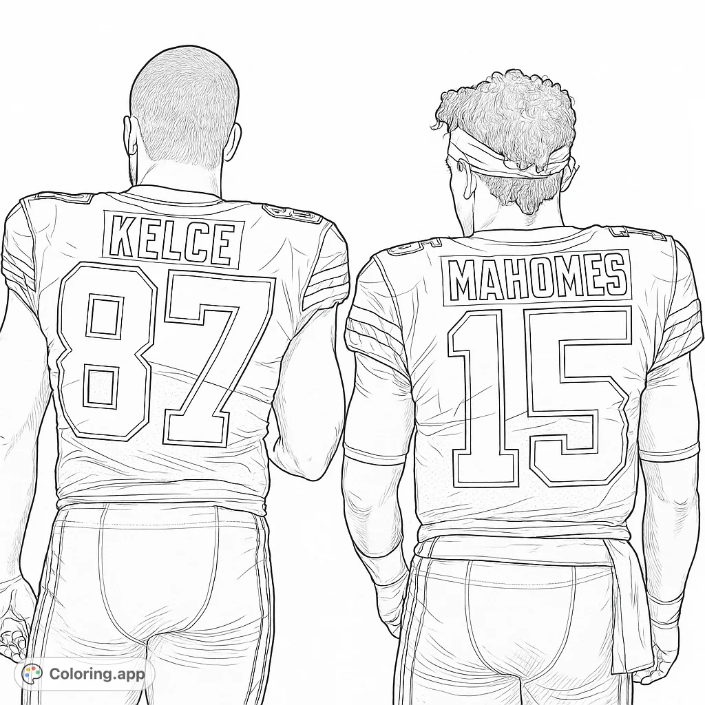 Dynamic football duo, Kelce and Mahomes, seen from behind in their iconic jerseys. Perfect for sports fans to personalize with team colors and details.
