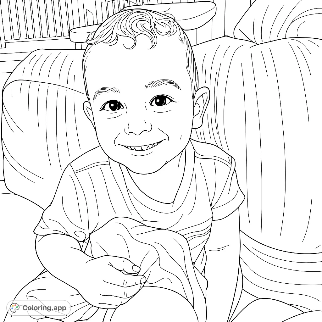 A delightful coloring page featuring a smiling toddler sitting comfortably on a sofa, holding a soft blanket. Perfect for young artists.