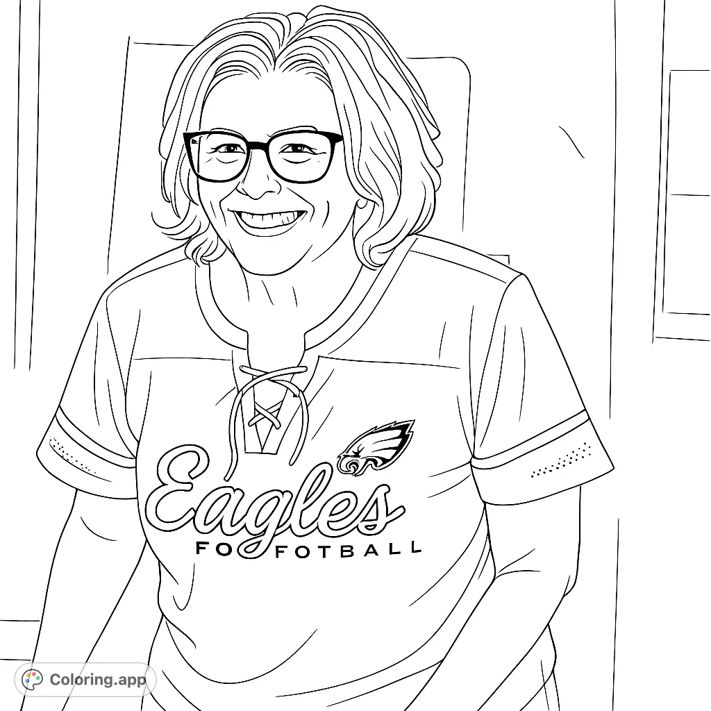 Capture the joy of a smiling woman in a sports-themed top, complete with stylish glasses and a detailed logo. Perfect for fans and portrait enthusiasts.