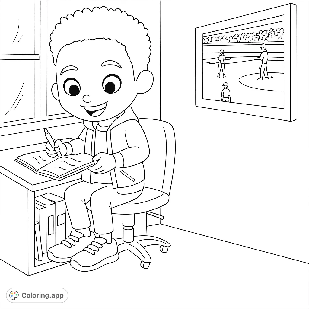 A cheerful boy writes at his desk, surrounded by books and a window view, with a baseball game picture on the wall. Perfect for young artists!