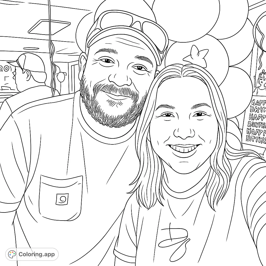 Capture a joyful moment with this birthday celebration coloring page featuring a smiling couple surrounded by festive balloons and gifts.