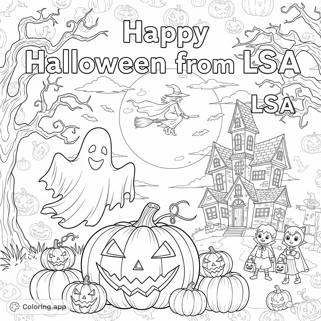 A festive Halloween scene featuring carved pumpkins, friendly ghosts, a witch, and trick-or-treaters under a full moon. Perfect for spooky fun!
