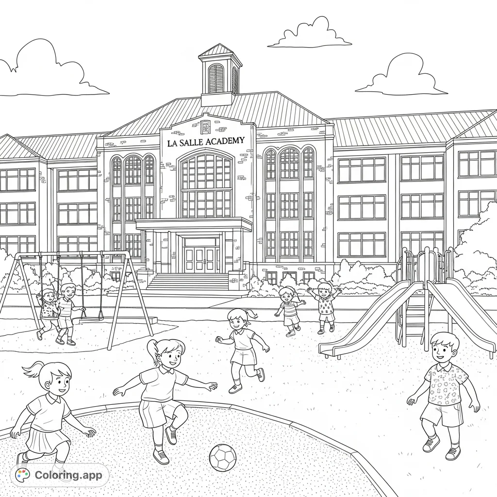 Explore the La Salle Academy playground with kids playing ball. A fun, free printable school coloring page for all ages to enjoy and personalize.