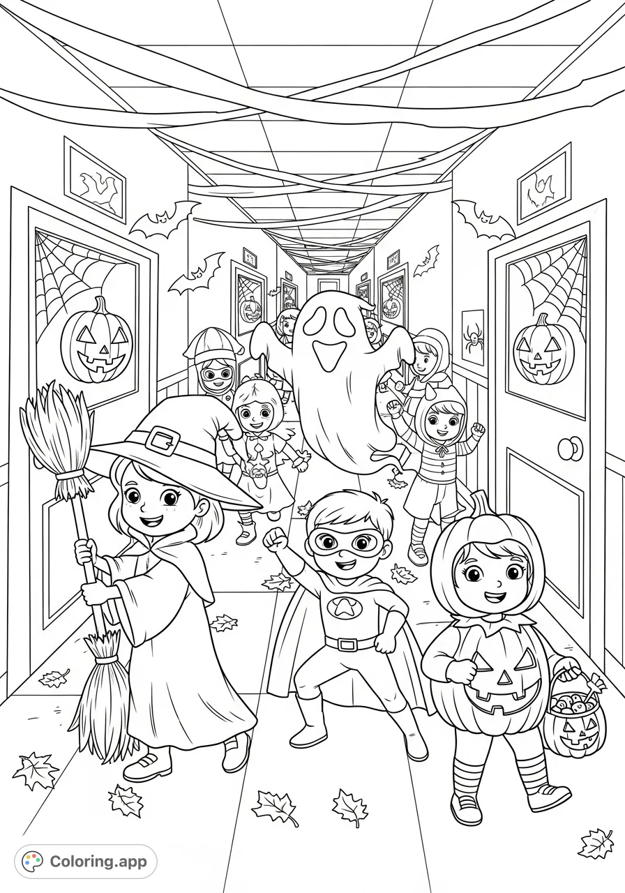 A festive school Halloween scene with kids in fun costumes like witches, ghosts, and superheroes, surrounded by spooky decorations and candy buckets.