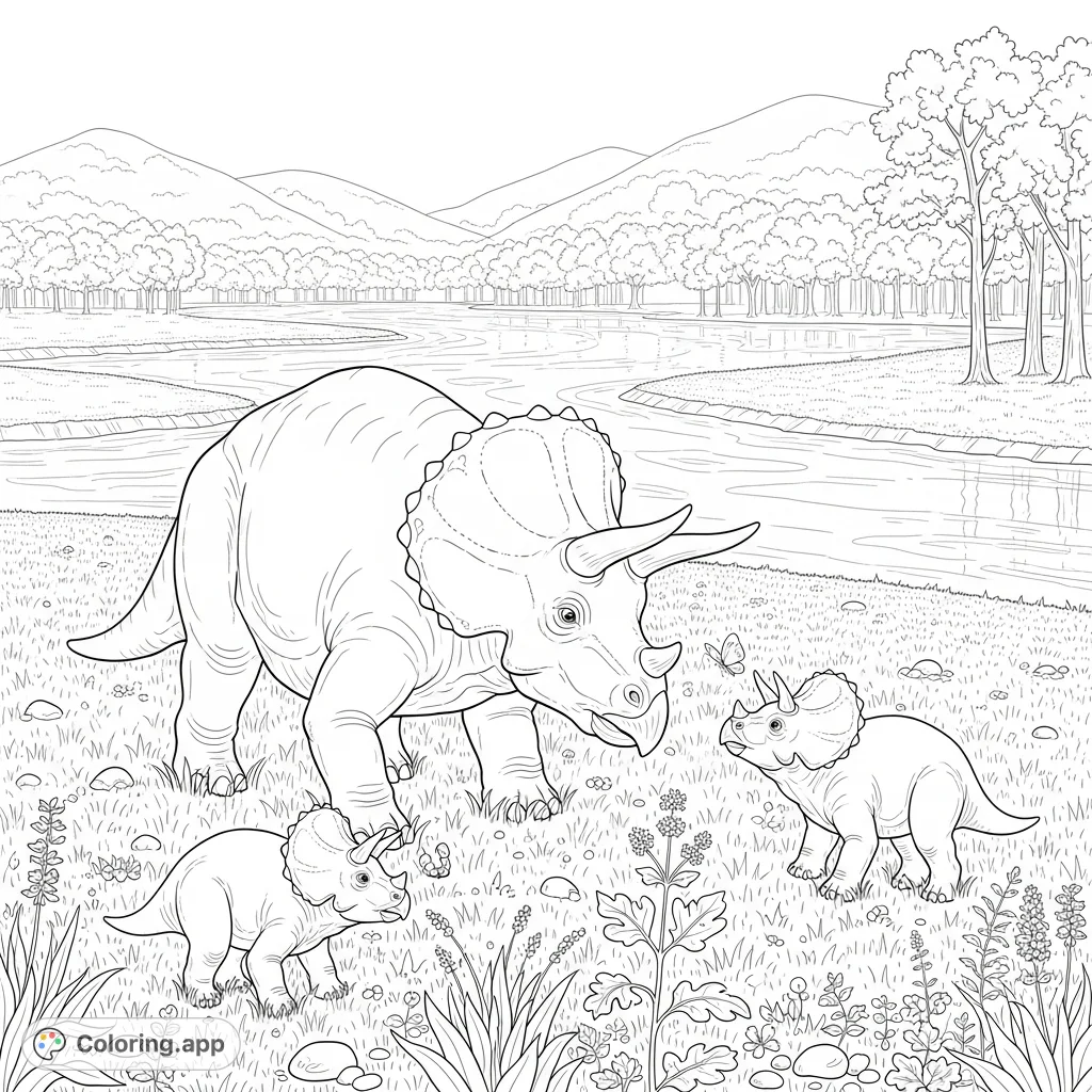 Explore a prehistoric Triceratops family in a lush meadow. A mother grazes while two playful babies interact with her and a butterfly.