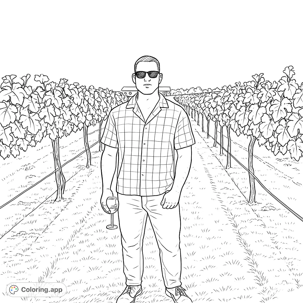Explore a serene vineyard scene featuring a man enjoying a leisurely moment among rows of grapevines. Perfect for relaxation and creative expression.
