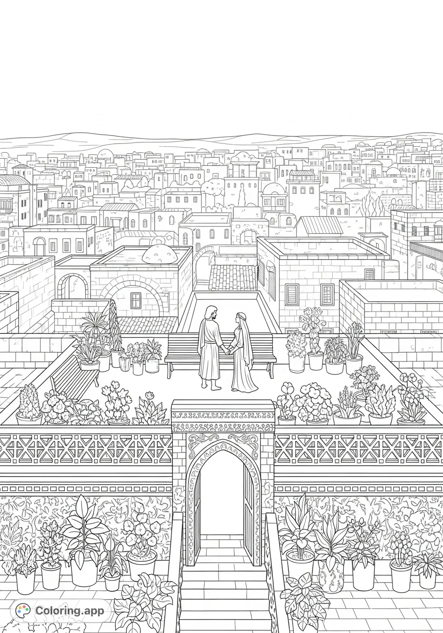 Explore an ancient Jerusalem cityscape coloring page featuring Uriah the Hittite and Bathsheba on a detailed rooftop amidst a sprawling historic view.